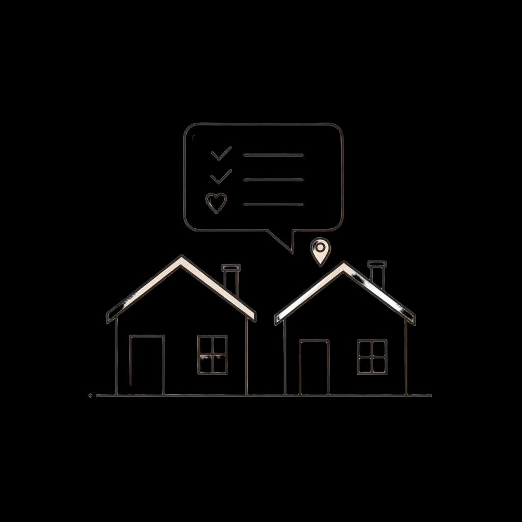 Two houses with a list of saved homes above them, one marked with a heart